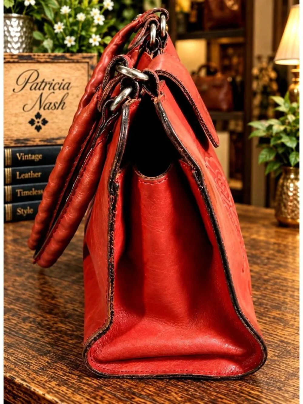 Patricia Nash Rienzo Satchel Rose Tooled Red Ochre Leather Tassel Handbag Purse